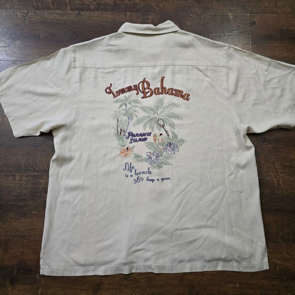 Tommy Bahama Paradise Island Silk Camp Shirt XL Cream Embroidered Back Mermaid